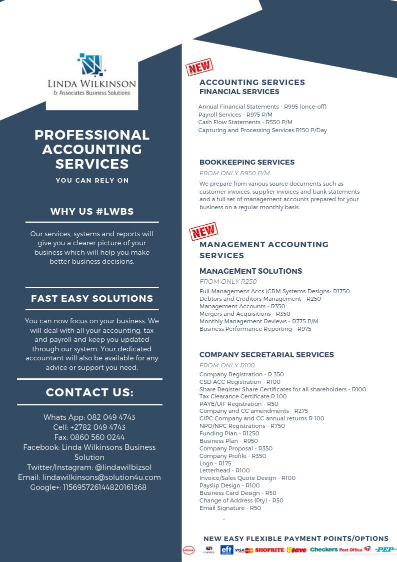 Somzonce's tweet photo. Affordable services offered by @LindaWilBizSol
• Company Registrations
• Shares Certificate
•Tax clearance certificate
• Invoice and quote design
• Business Plans
• BBBEE certificate
• Business Profiles
• Business Proposals
• Cash Flow projections
#BizSolutions4u #LWBS https://t.co/zxFl1EE3WR