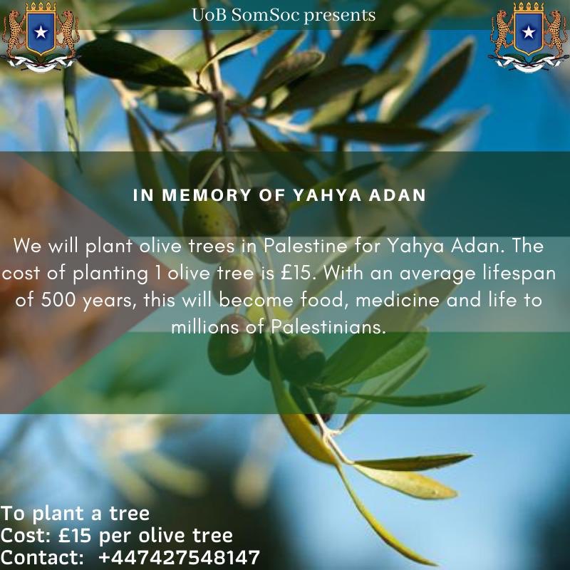 UobSomSoc's tweet photo. A few days ago we sadly lost one of our little brothers. Yahya Adan was a medical student at UoB who brought us so much joy and light in the time we spent with him. 

In honour of him, we will be planting olive trees in Palestine that will provide  sustenance to those in need https://t.co/rELRD4GtnO