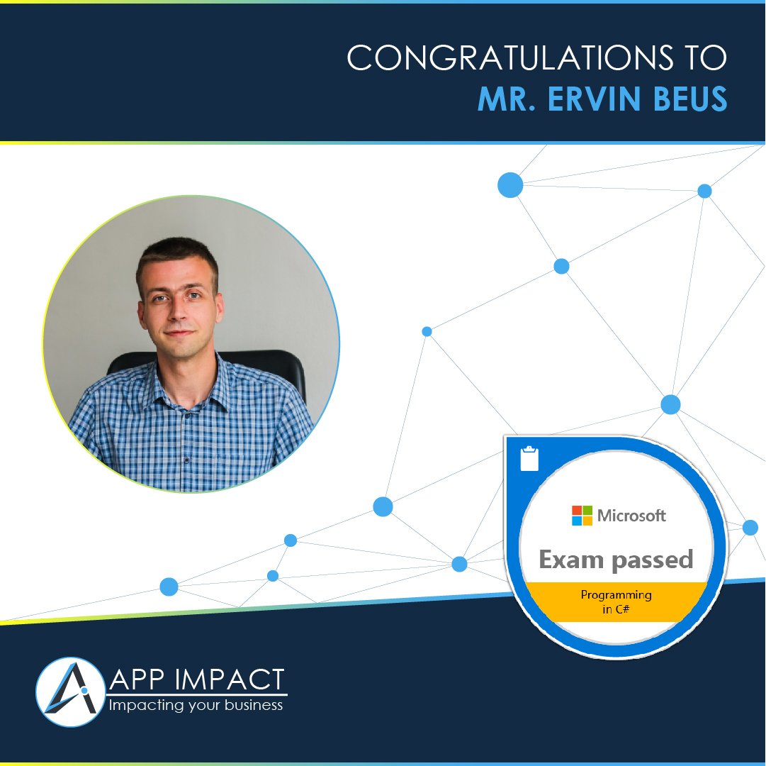 AppImpactHQ's tweet photo. Meet one of our Software Development Engineers, Ervin Beus, who successfully passed @Microsoft Exam 483: Programming in C#. Ervin has demonstrated his skills in managing program flow, creating and using types, debugging applications and implementing security.
#AppImpact #MCP https://t.co/WlAqpIfJQp