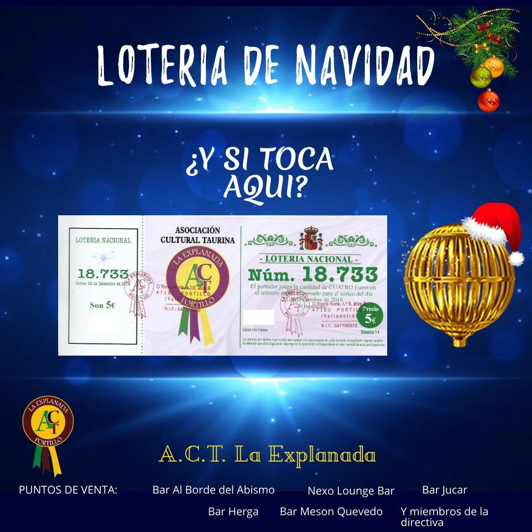 ¿Y si toca aquí? 💭

Ya puedes adquirir la lotería de A.C.T La Explanada.
Puntos de venta: Bar Al borde del abismo, Bar Herga, Nexo Lounge Bar, Bar Mesón Quevedo, Bar Júcar y miembros de la directiva

¡No te quedes sin ella!