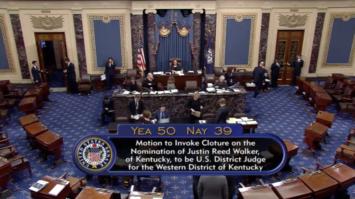 Senate floor screen shows vote total (50-39) of the procedural vote on Justin Walker's nomination.