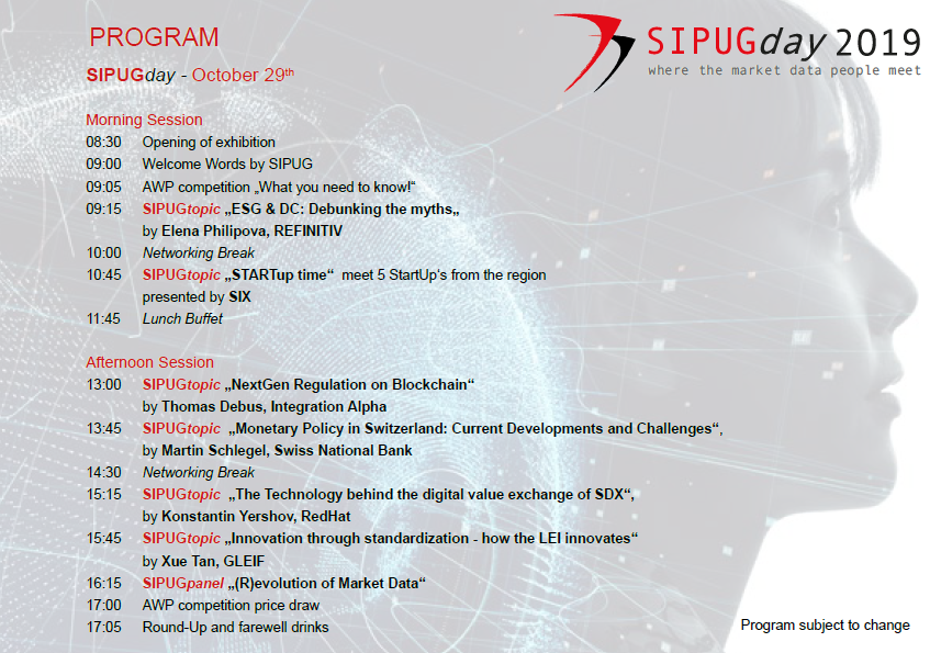 MedySIF's tweet photo. Here you can find all the information about #sipugday2019 to be held in #Switzerland, which will be focused on #MarketData innovations. 
See you there? 
#sipug #compliance #sipugday #financialservices #innovation https://t.co/7f1ddX0qUW