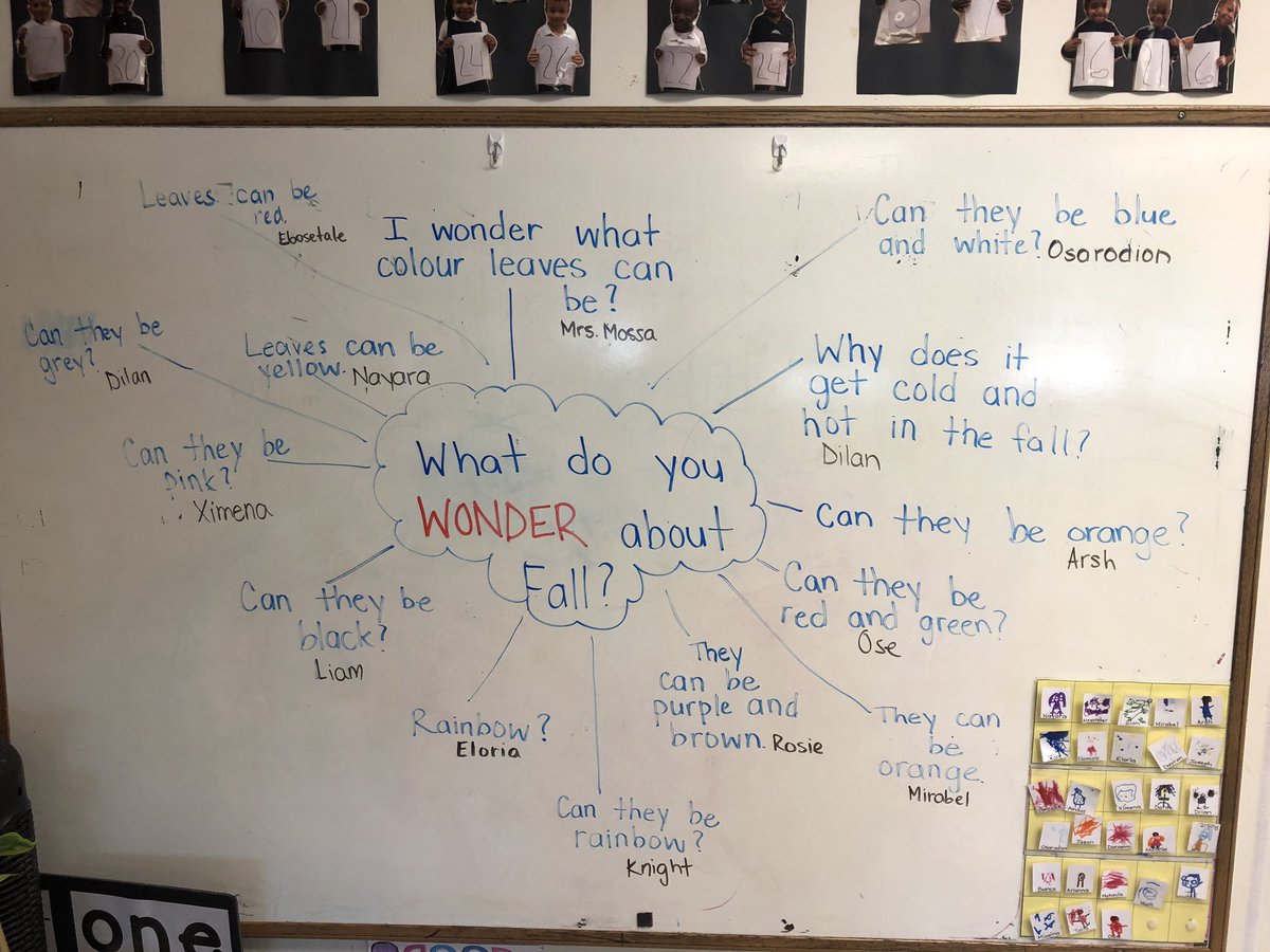 MrsMossasStars's tweet photo. In our class we shared what we wonder about the season of FALL! Many superstars had questions and thoughts about the colour of leaves. We predicted that leaves can be every colour of the rainbow! We cannot wait to share our new learning! 🍂🍁 @Miss__Tavares @deSalesTCDSB https://t.co/6nUcIrScG8