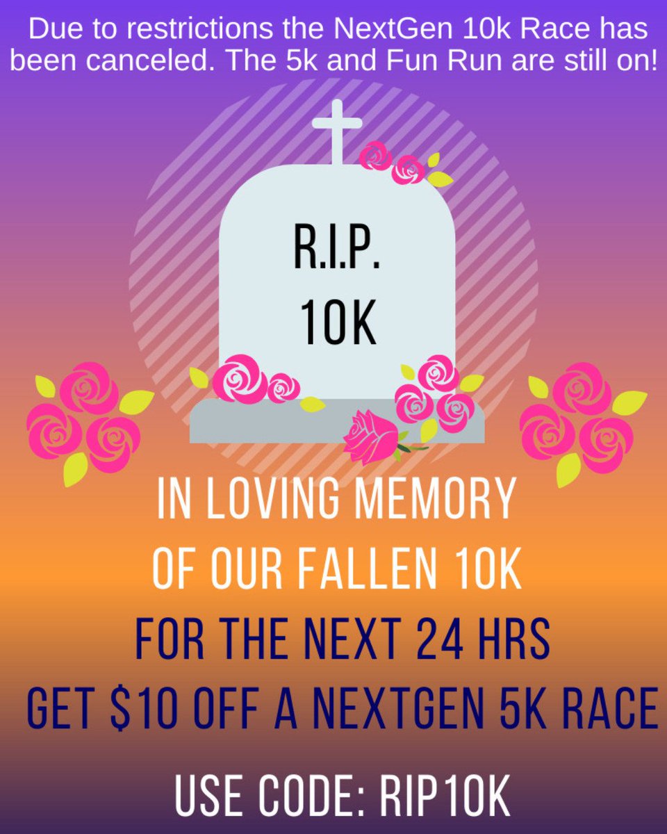 DollsGen5K's tweet photo. IMPORTANT ANNOUNCEMENT: The 10K portion of our race has been canceled! Don't worry though...the 5K and Fun Run are still ON! 

Sign up using the discount code RIP10K before noon on Friday to get a $10 savings off our 5K entry! https://t.co/LlPo0NguXg