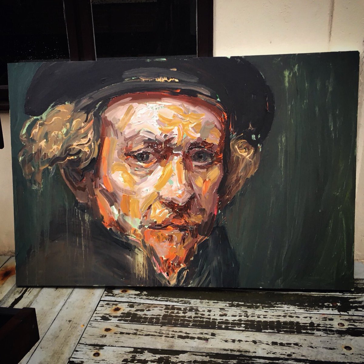 will_teather's tweet image. Work in progress. I have had less time in the studio recently so have focused my energies on freer pieces.  

Reinterpreting the noise of Rembrandt's free brushwork is an inspiring subject for an impasto painting. 

#rembrandt #rembrandtselfportrait #impastopainting #acrylicpaint