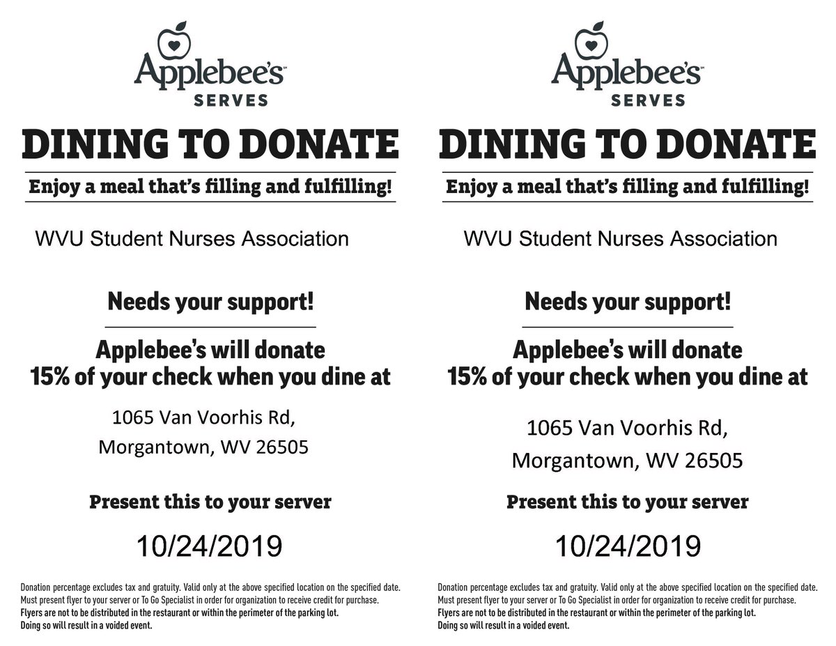 If you're in Morgantown today, dine at the #Morgantown <a href="/Applebees/">Applebee's Grill + Bar</a> and support the <a href="/WVUSoN/">WVU Nursing</a>  <a href="/WVU_SNA/">WVU SNA</a> ! 😍🍎

Present the attached flyer to your server between now and 9 p.m. tonight and 15% of your purchase will be donated to the WVU Student Nurses Association.