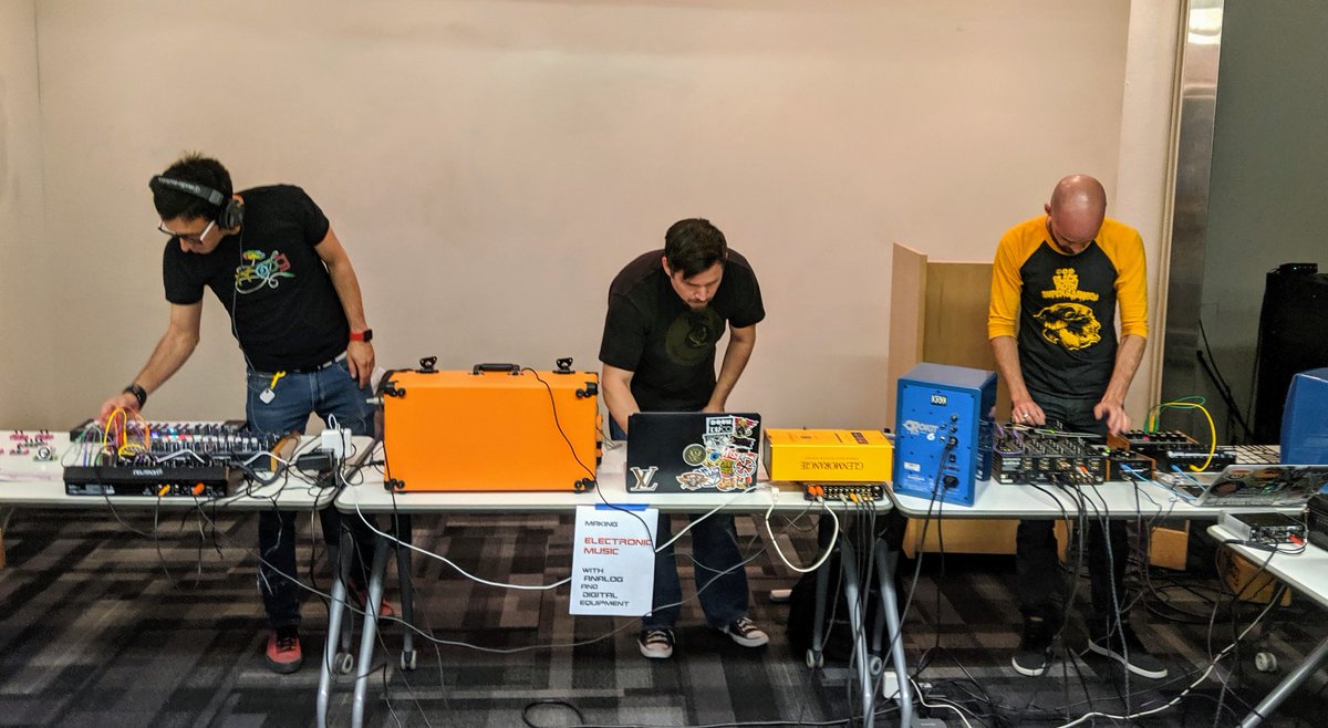 Maker's Show and Tell @1904Labs These three are all wired up for a collab jam session.