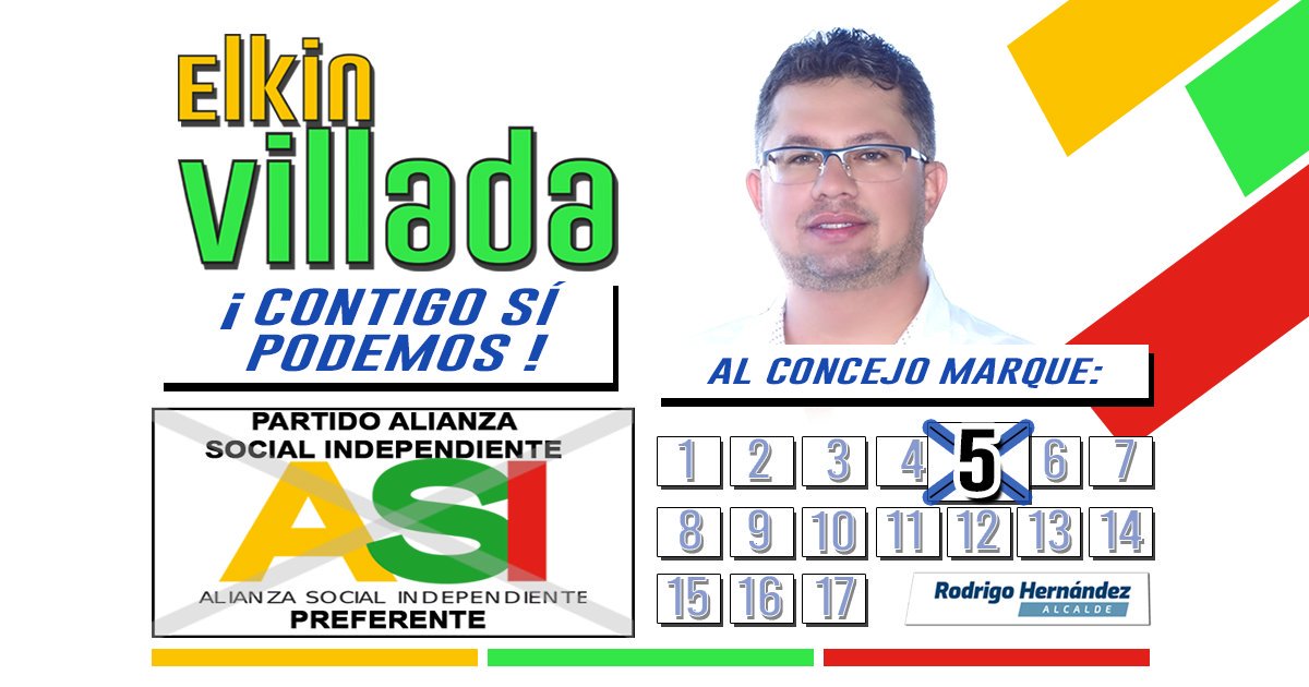 ElkinVillada's tweet photo. Amigos y familiares,
Este domingo 27 de octubre todos los colombianos estaremos de fiesta, ejercer nuestro derecho al voto es una gran oportunidad de contribuir al país que todos soñamos 🇨🇴.Marcando el partido ASI y luego el número 5 lo lograremos #Contigosípodemos https://t.co/i9R8cSdy6e