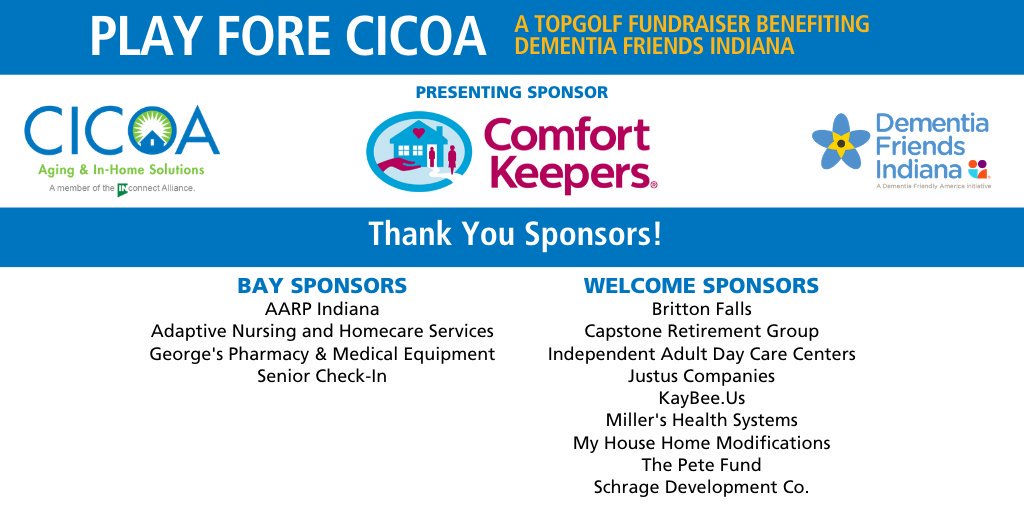 We're excited for our first TopGolf fundraiser tonight! Many thanks to these sponsors who are joining us and supporting <a href="/DFindiana/">Dementia Friends Indiana</a>!