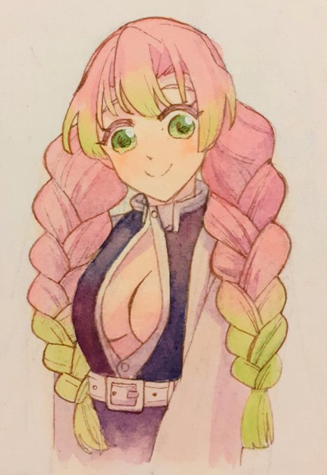 比撒斜獭さんがTwitterに投稿した甘露寺蜜璃(鬼滅の刃)のイラスト。