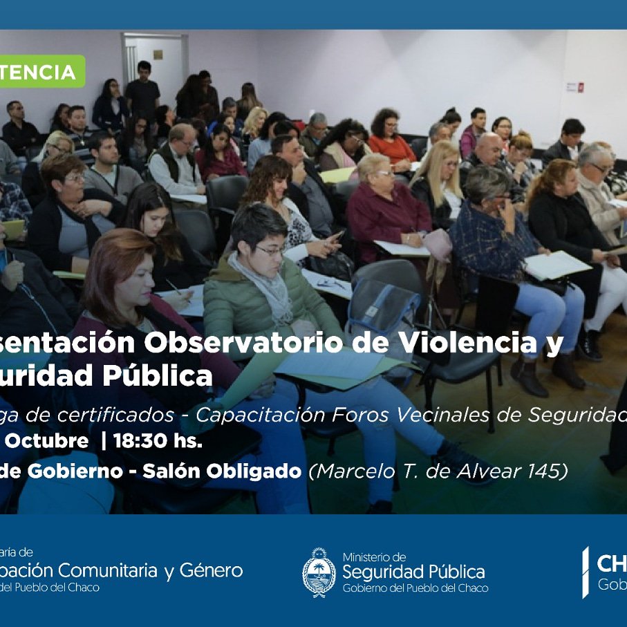 Esta tarde a partir de las 18,30 hs. Salón Obligado de casa de gobierno los/as esperamos.
#MasPrevencionYParticipacion
@SeguridadChaco 
@ChacoGobierno 
@domingopeppo