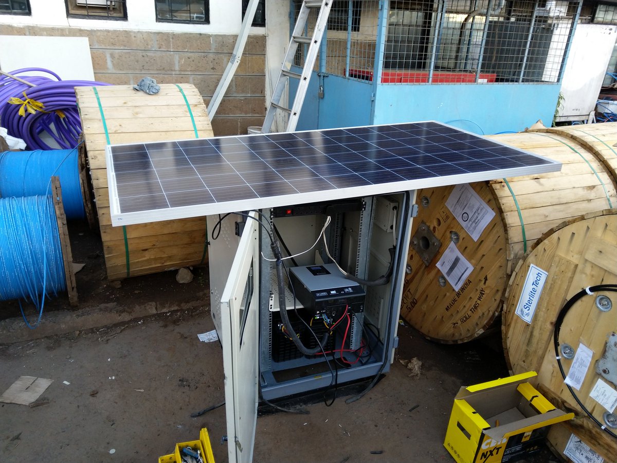 POC setup that'll run for 7 days. Slight modifications on the Cabinet; Solar Mounting Brackets to be fabricated on top. Used 310Wp PV, 1kVA Hybrid inverter(least size you can get with an inbuilt MPPT Charge controller) & 2~100aH batteries. Was too cloudy today for PV tests.Kesho!