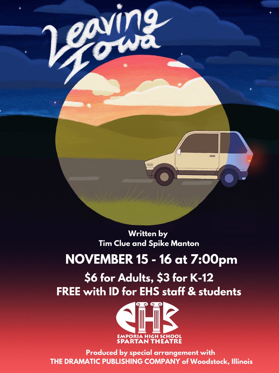 Here’s our poster for our upcoming show ‘Leaving Iowa’, made by our very own Neri Salem! Hope to see you November 15th &amp; 16th! ✨🚗