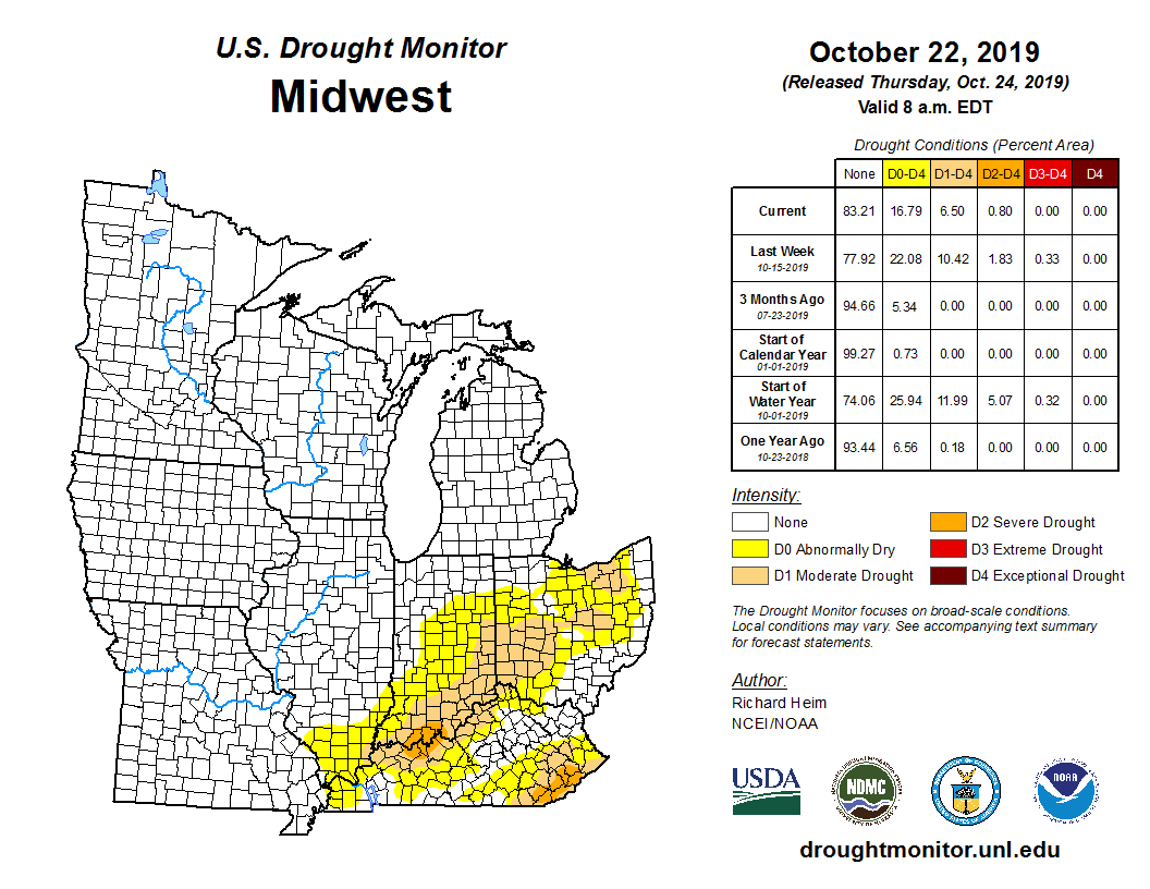 NOAANCEI's tweet photo. October 22: Abnormal dryness was erased in Michigan while the southern areas of the Midwest experienced a reduction in abnormal dryness and drought intensity. https://t.co/hs7rCpQMsY #DroughtMonitor #MIwx #OHwx #INwx #KYwx #MIdrought #OHdrought #KYdrought #INdrought https://t.co/Dtp15Qawqx