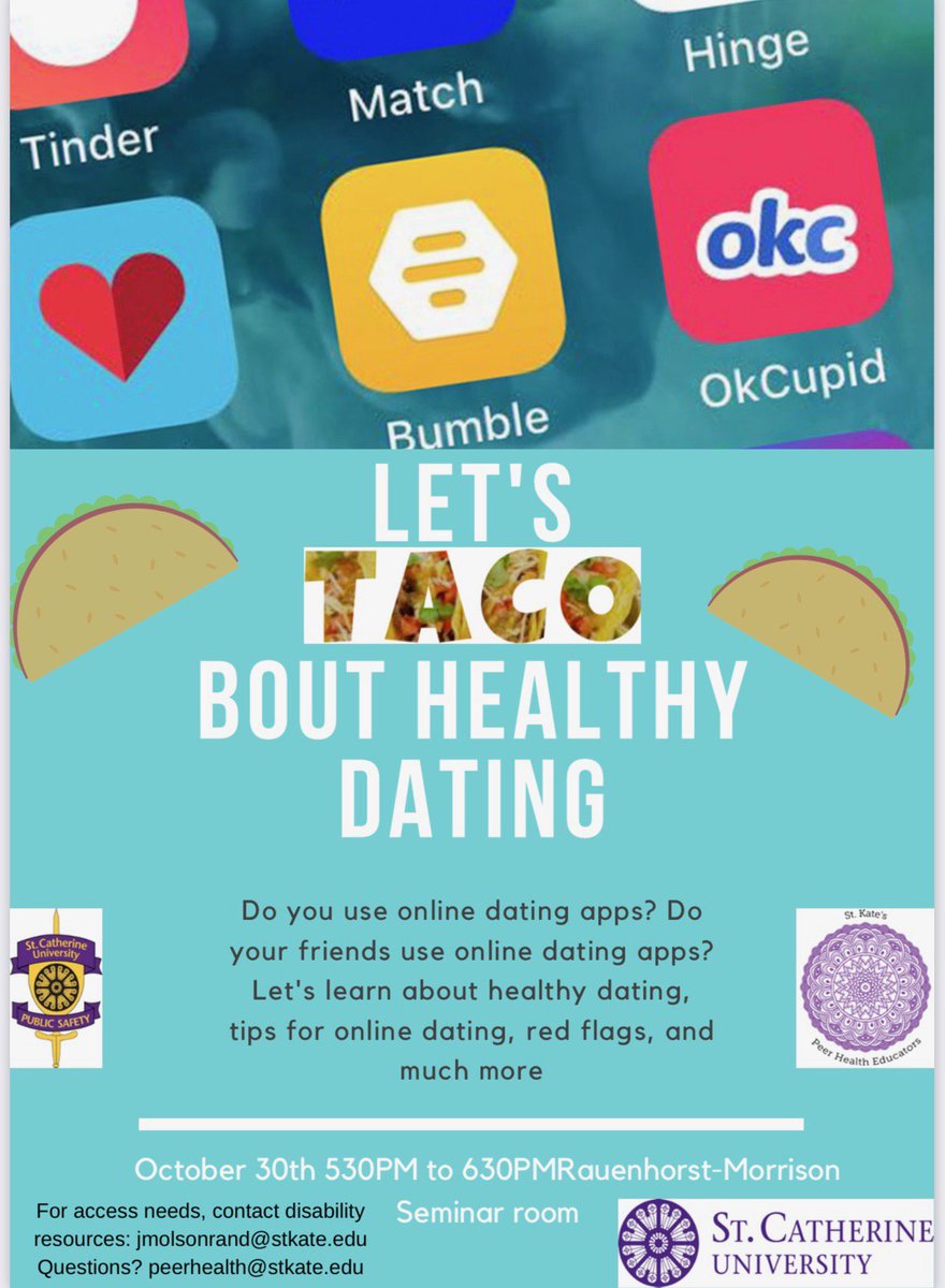 KatiePeerEd's tweet photo. Let's Taco Bout Healthy Dating! Join Us! Free food and prizes! Oct. 30th at 530pm in the RauMor Seminar Room. https://t.co/0XPq8RZkyk