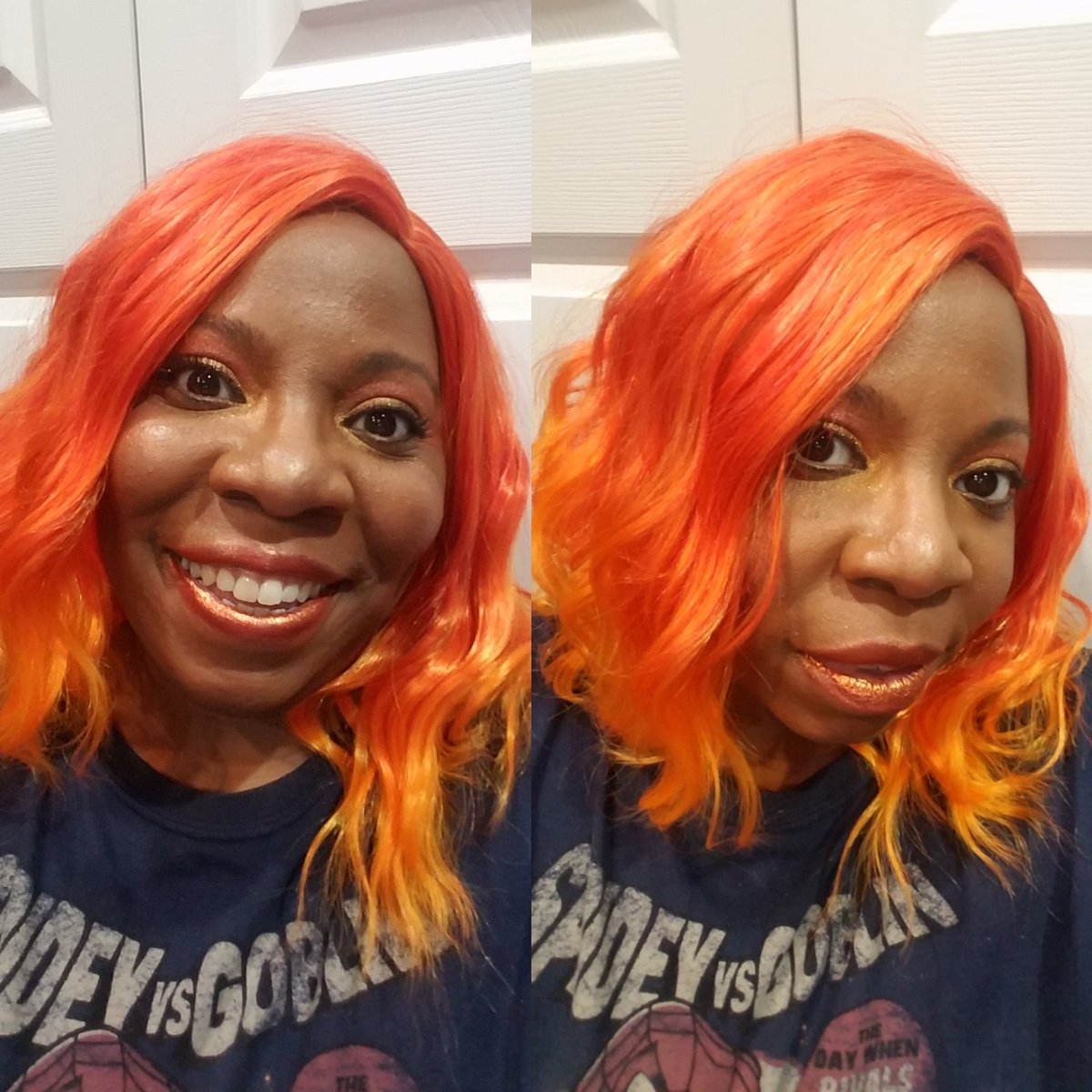The vividness of this wig overshadows all my makeup attempts. Guess I'll figure out how to go bolder!

#OrangeHairDontCare #makeup #playing #CosplayMakeUp #blackjoy #CosplayAnyWay  #BreakingNormal #wigs