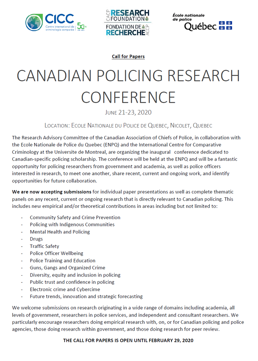 DrChrisGiac's tweet photo. Hello #Canadian #Policing #Research #EBP friends. What are you doing on June 21-23, 2020? Hopefully going to the Cdn Policing Research Conference, being hosted @ENPQ_Officiel in partnership with @CACP_ACCP Research Advisory Committee and @CICCTweet. Call for papers below! https://t.co/dTuorPM9Ho