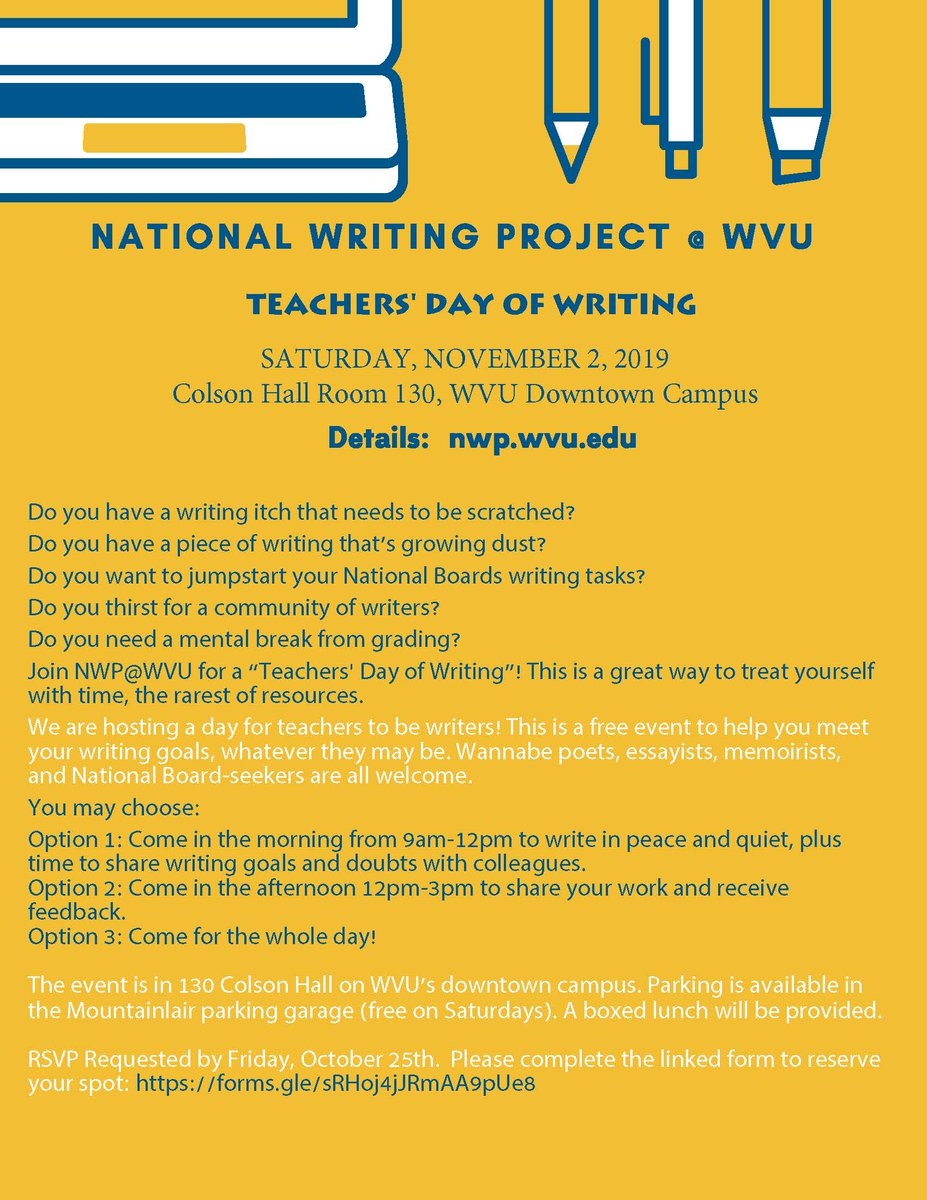Teachers, Writers, Writing Teachers: Tomorrow is the last day to register for the NWP@WVU day of writing on November 2. Join us! And if you can't, please spread the word!