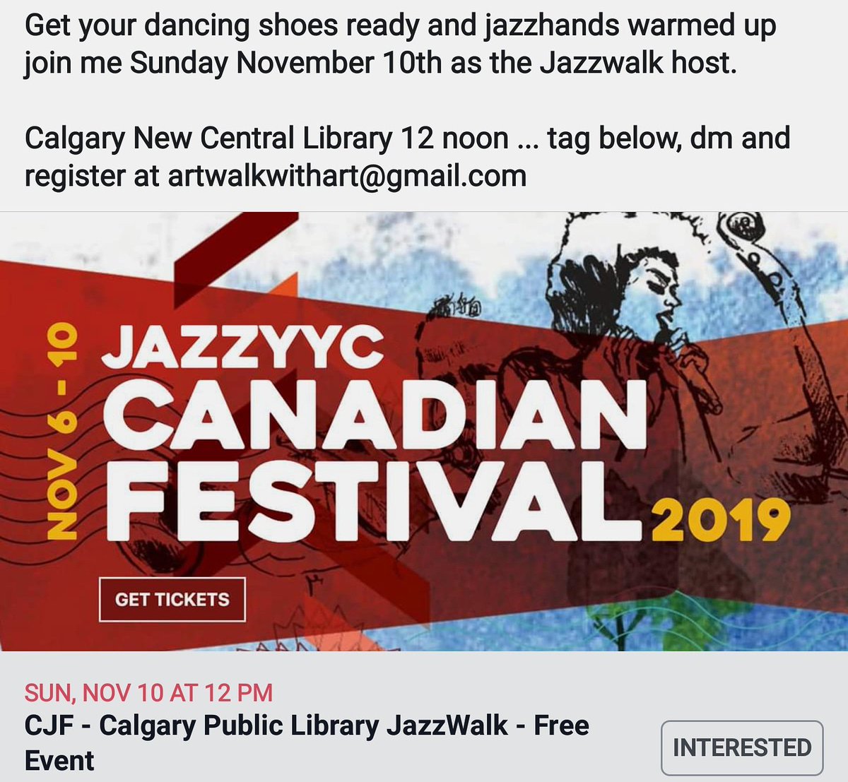 @Jazz_YYC  Jazzwalk Nov 10 : noon start. @calgarylibrary NCL register at artwalkwithart@gmail.com

#jazzyyc #yycjazz #jazzwalkyyc #Jazzwalkwithart