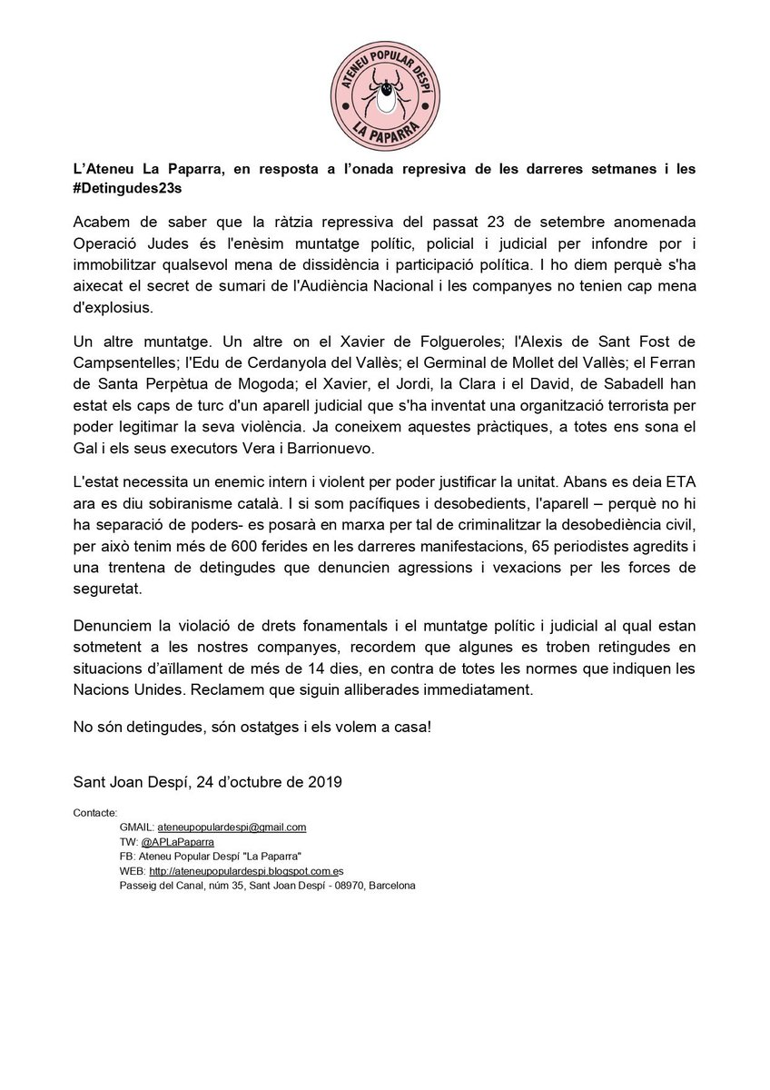 Comunicat de l’Ateneu la Paparra en resposta a l’onada repressiva de les darreres setmanes i les #Detingudes23S <a href="/Detingudes23S/">Detingudes23S</a>