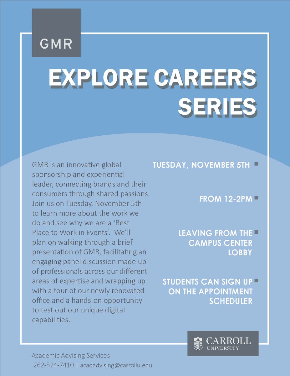 You are invited to our first Explore Careers Series event of Fall 2019!!!  
Visit and learn about GMR Marketing, a leader in global marketing, to find out how you can kick-start your career!!! #carrollu #CUExplore #FuturePio #PioSoc <a href="/CU_Advising/">CU AdvisingCenter</a>