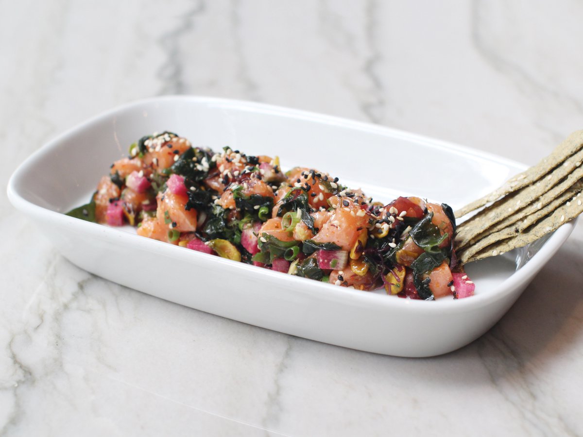 Fresh + sustainable. Enjoy Salmon Tartare with seaweed, radish, pistachio, ponzu, sesame seeds and nori crackers. 

Our salmon is sourced from Creative King Salmon in beautiful B.C., Canada with the best green rating from Seafood Watch. 
#seafoodwatch #seafoodmonthchallenge