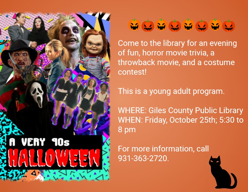The 90's left us with many unanswered questions: 
-What's Going on?
-Where have all the Cowboys Gone?
-Mmmbop? (I'm questioning it)

GCPL's question is: "what movie will you pick for tomorrow's Very 90's Halloween"?

Cast your vote on FB and see you there!
facebook.com/events/2501639…