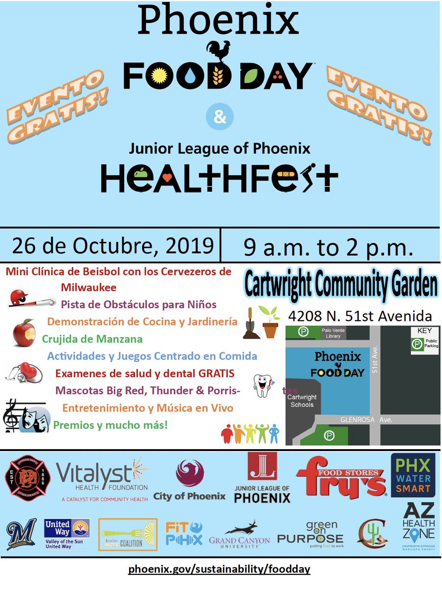 CartwrightSD's tweet photo. Families, join us this Saturday for Phoenix Food Day from 9 a.m. to 2 p.m. at the Cartwright Community Garden! There will be free games for kids, live music, many food-themed activities, prizes and much more! https://t.co/P9yCoQNdLB