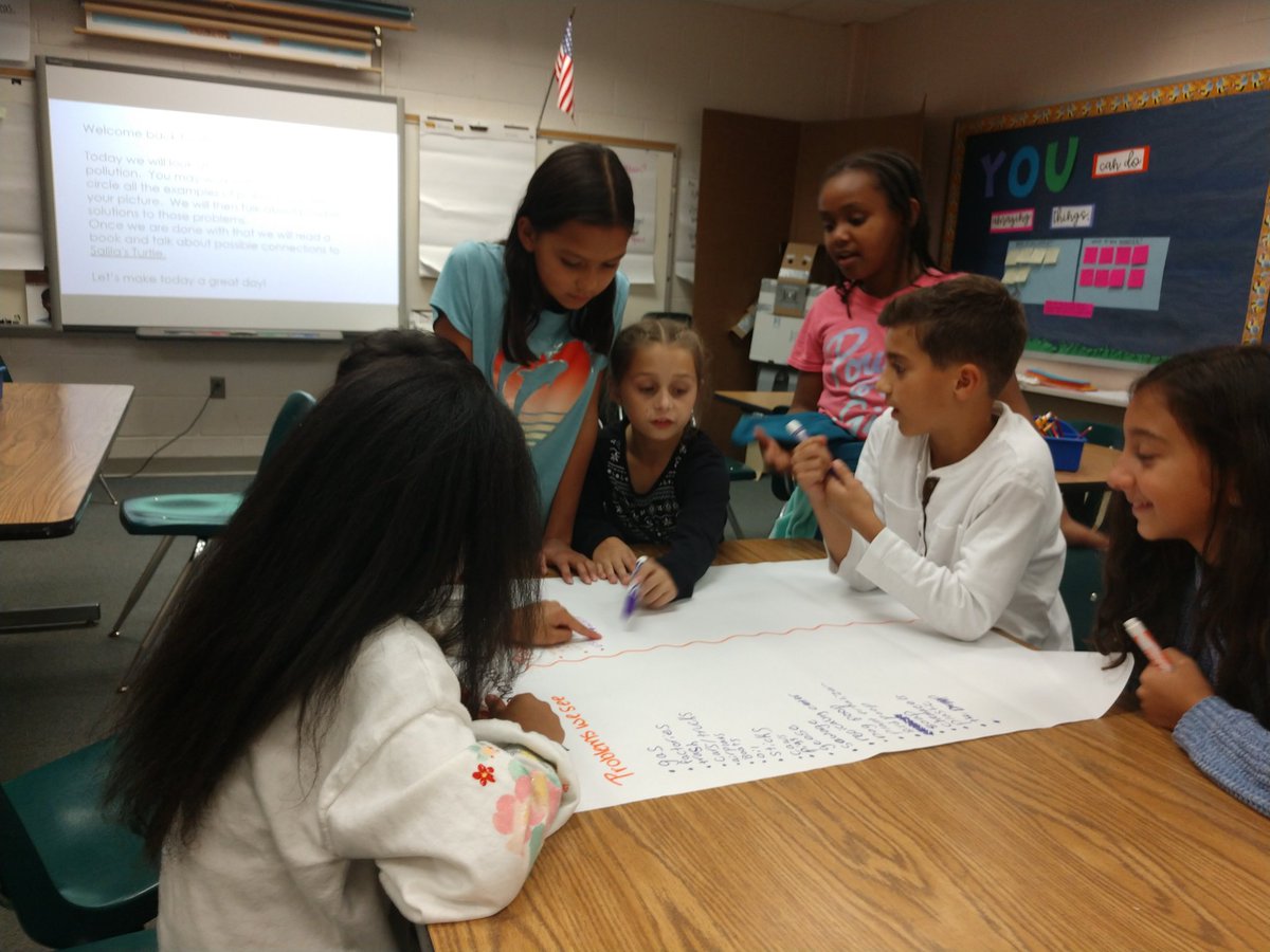 4th grade problem solvers working together to come up with solutions to various sources of pollution.