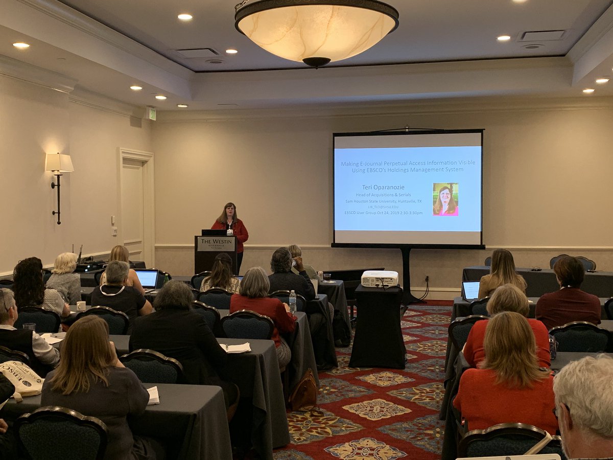 EBSCO's tweet image. Teri Oparanozie from @SamHoustonState is talking about making e-journal perpetual access information visible using EBSCO’s holdings management system. #LibraryWorkflows #LibraryChoice #EBSCOUsers19