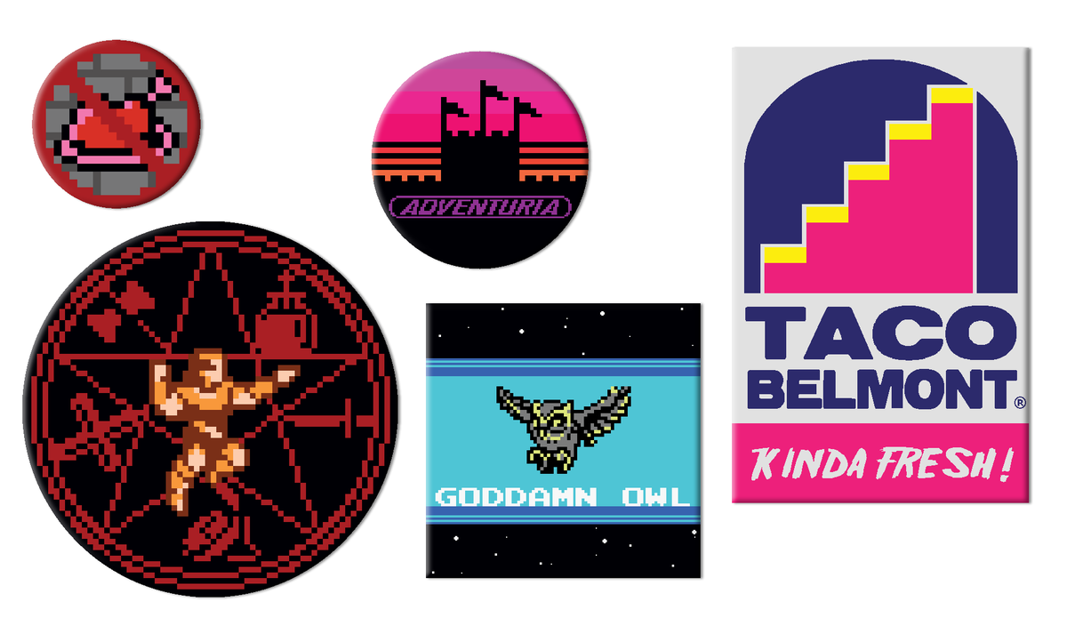 sleepechomusic's tweet photo. Check out these cool af buttons! Pin them to your adventure bag, etc. Collect all 5! https://t.co/R4MgOIzEEL 

#castlevania #adventuria #vgm #tacobelmont https://t.co/3HmnE4rXcs