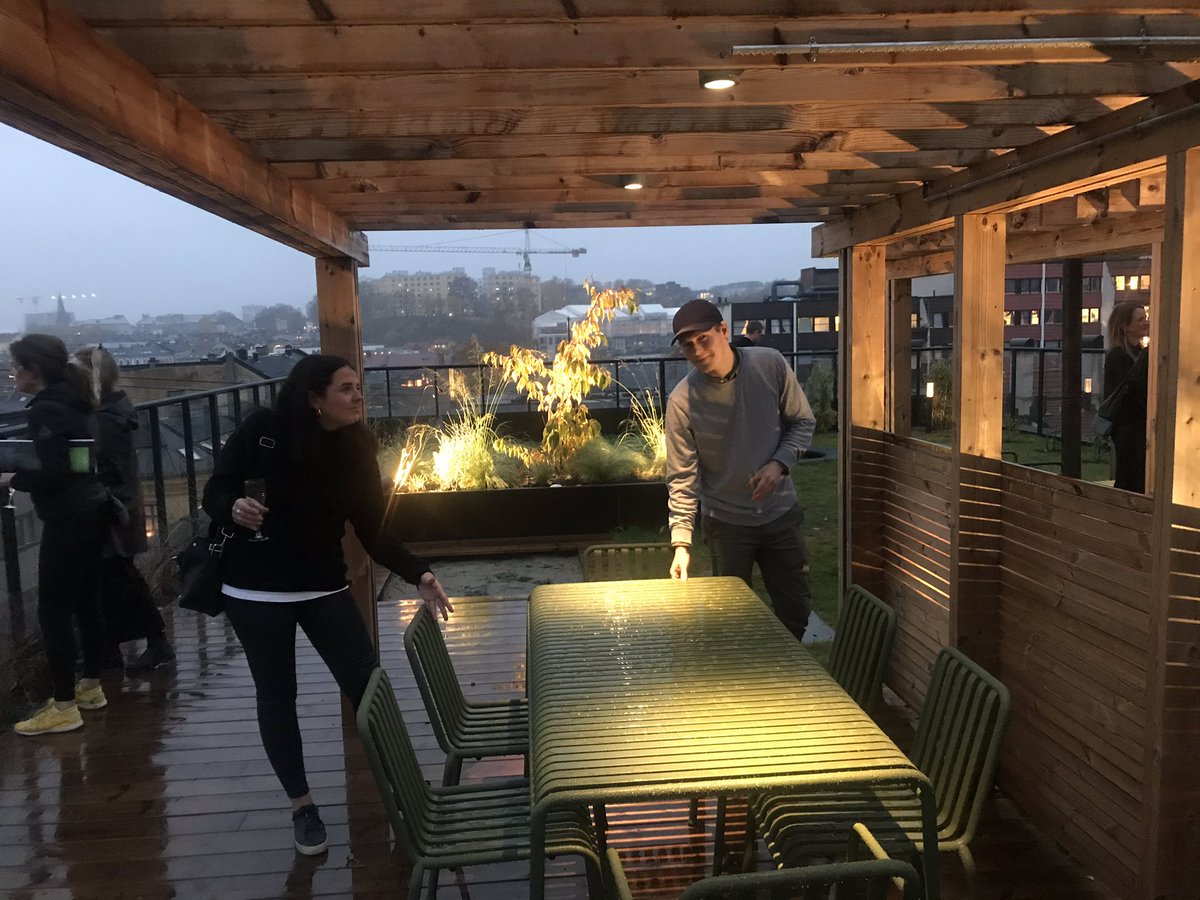 AnnweilerInki's tweet photo. Housewarming at Nordregate @AspelinRamm this evening👏exiting to be a part of this innovative project!🍀here are my colleagues Julie and Marius on the rooftop terrace https://t.co/P8ngfKZiR6