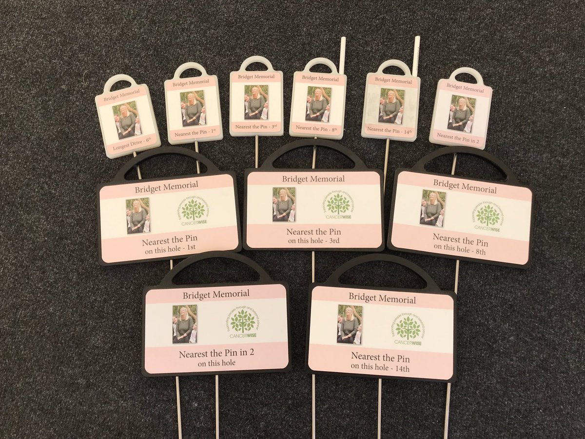 Signs4Golf's tweet photo. When my friend lost his wife to cancer at 52 he asked me what I could do for his golf day. So I came up with these class markers in aid of Bridget. #cancerwise #memorial #memories ⛳️ https://t.co/ts0nv10xPO