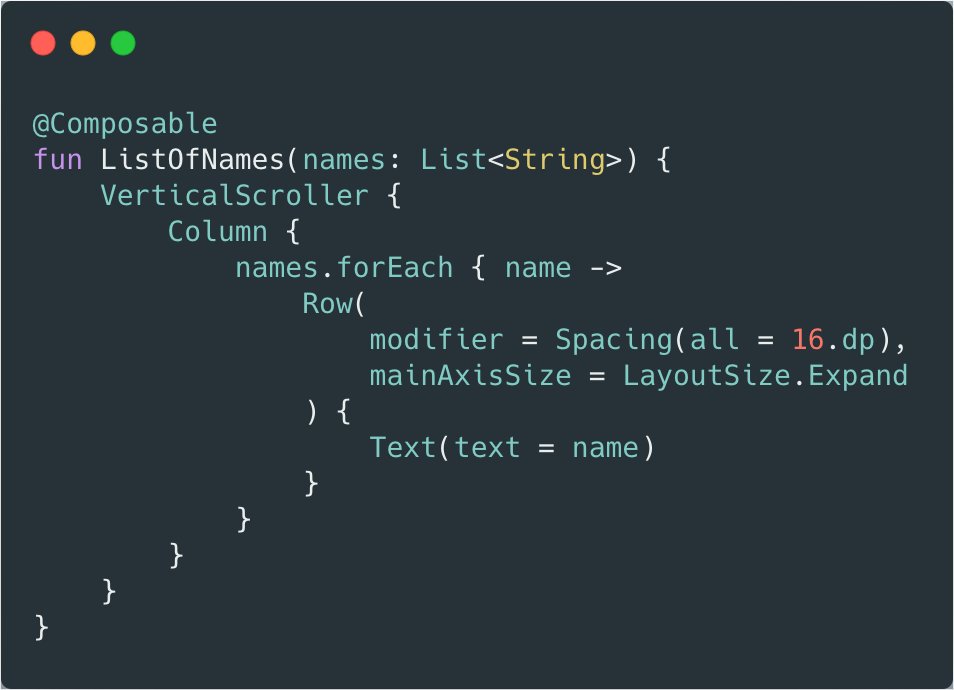 sudo_rizwan's tweet image. In Jetpack Compose, it's amazing how we can create lists in just a few lines! 😍 No more verbose adapters, viewholders & bindings.
It might be a while, but can't wait for the stable release!
#JetpackCompose #AndroidDevSummit