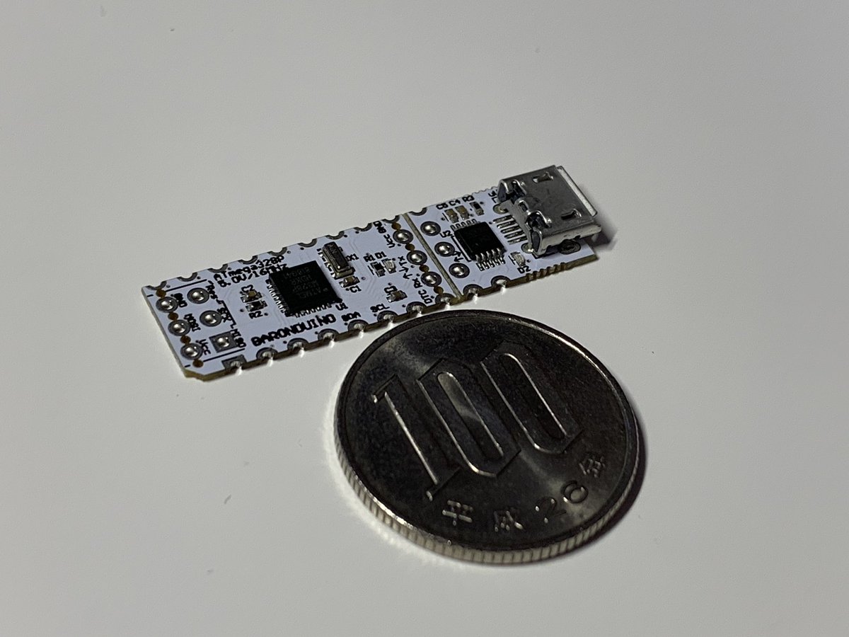 VgbdWrks's tweet image. 埋込用の多分一番小さいArduinoUno互換機 BARONDUINO作りました。
GPIO全ピン出てUSB接続書き込みできてこのサイズ!