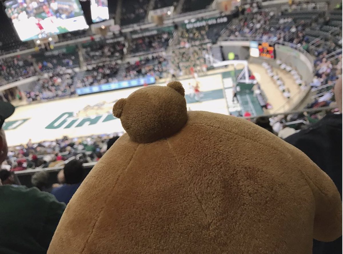 Pip is taking in a basketball game. She loves competitive sports and always cheers for the home team.⁣ She also cheers for the opposing team. She likes to support everyone. #basketball #gameday #pipthebear #THK #tinyheadsbighearts #plush #toys #cutecharacter #spiritanimal
