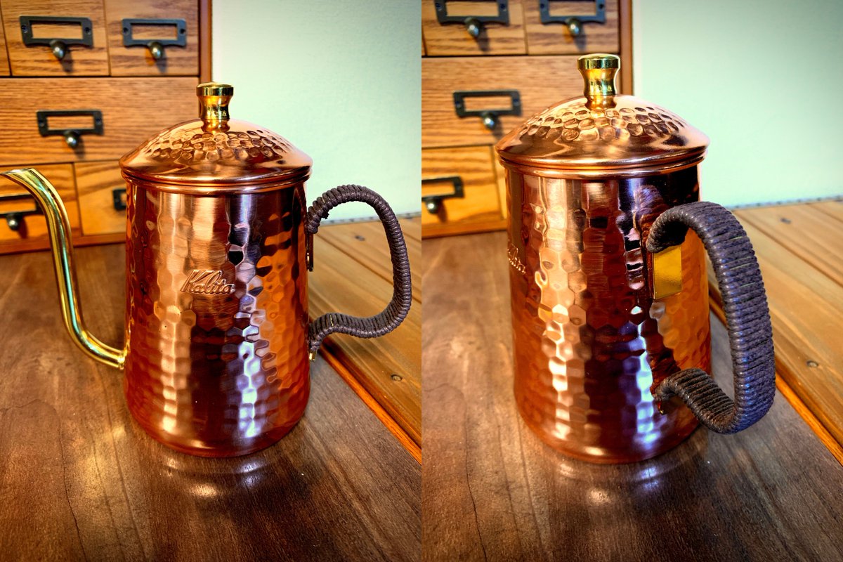 はにわぁ お湯を入れると金属製の取っ手が熱くなる カリタ 銅ポット600 その取っ手にレザー調の紐を巻いてみました これなら お湯を入れても問題なく持てましたぁ B