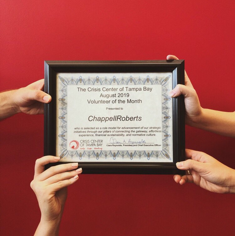 ChappellRoberts's tweet photo. It took a lot of helping hands to make the “First To Respond. Last To Ask For Help.” campaign a reality. Receiving the #VolunteerOfTheMonth honor from @CrisisCenterTB serves as a constant reminder of the incredible change that can happen when we work together. #ThanksPartners https://t.co/9mKVuFsWfZ