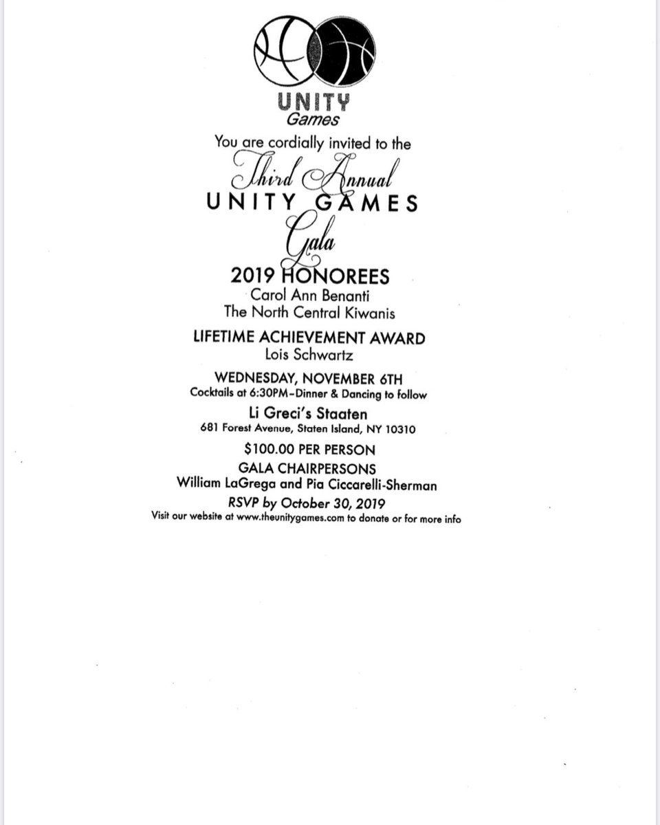 Join us November 6th for our Third Annual Unity Games Gala ! Mail in RSVP or donations to Terry Tarangelo.