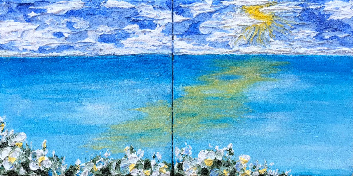 rhwelter's tweet image. I just finished "Sunshine Sea" diptych today.  A fun and sunny palette knife painting, with magical clouds.  ☁️🌤️☀️🌊  artfinder.com/product/miniat…  #artfinder #painting #diptych #paletteknife #art #seascape #ocean #lovetopaint