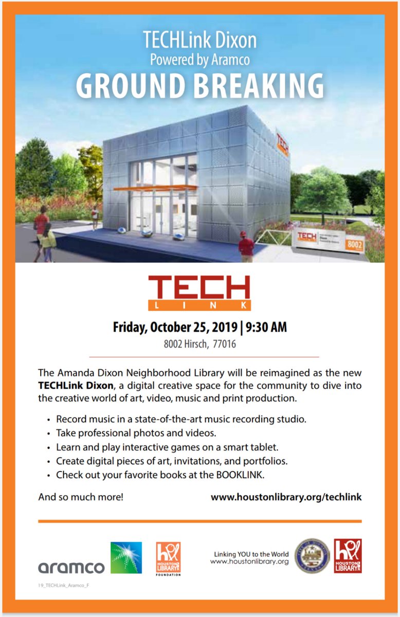 JerryVDavis's tweet image. Come out tomorrow at 9:30 to grab a little breakfast &amp;amp; OJ as we break ground on District B&apos;s 2nd #TECHLink library! These @houstonlibrary TECHLinks connect our communities to the city &amp;amp; provide educational landscapes for our students in their own neighborhoods.