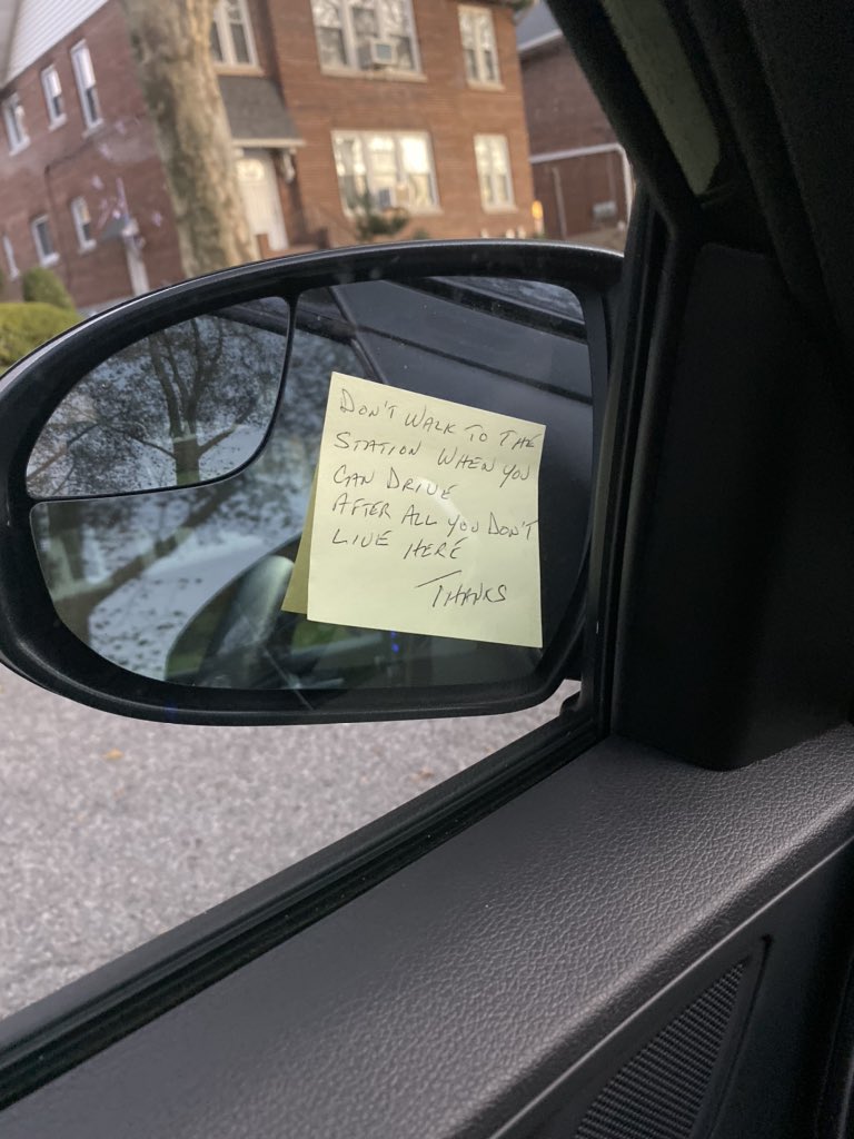 Remember my Parking Wars from my old house? Well apparently I’m doing another tour of duty at my new spot. Found this note left on my mirror which they turned inward. My street does alternate side parking so we have to move our cars back & forth during the week.