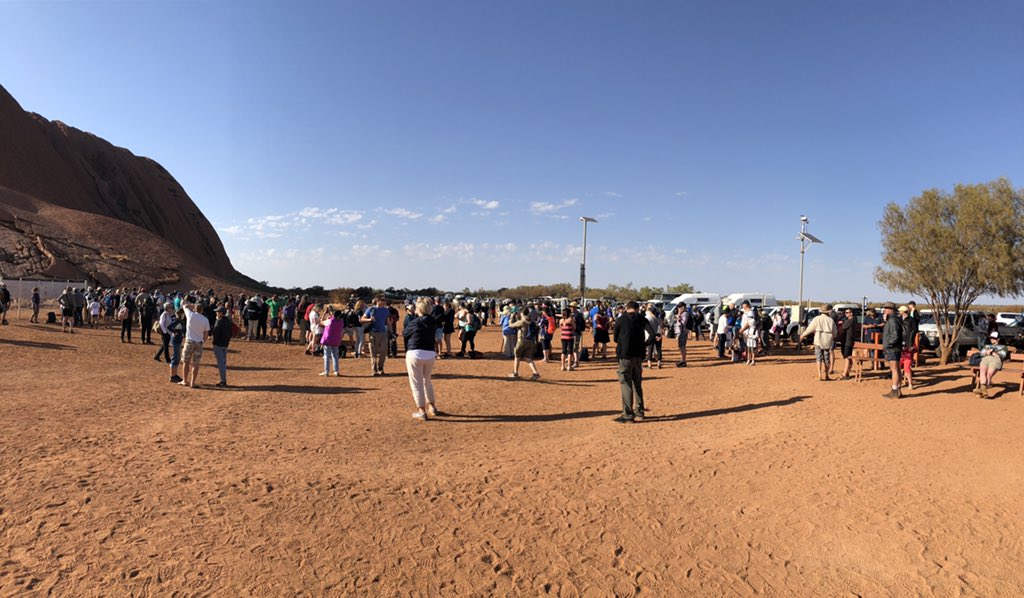 Hundreds of tourists are lining up at the base of Uluru, hoping to climb before the closure starts tomorrow. <a href="/9NewsAUS/">9News Australia</a> <a href="/TheTodayShow/">The Today Show</a>
