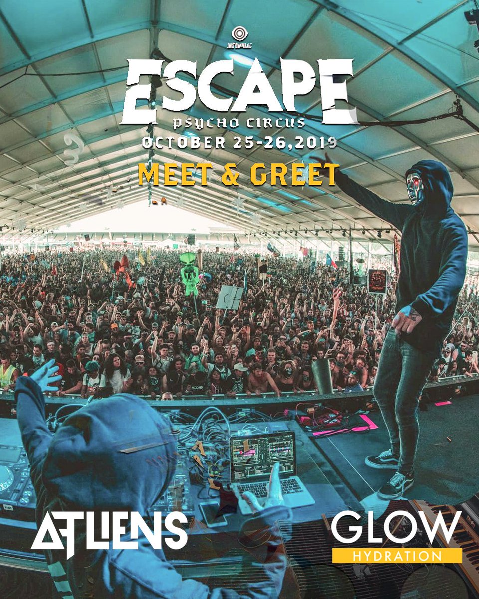 TheEDMNetwork's tweet image. Going to Escape Psycho Circus? We are pulling up with the homies @RiotTenMusic &amp;amp; @ATLiensOfficial for a MEET &amp;amp; GREET❗

See you at the Merch Tent by the Sanitarium!

Riot Ten @ 730pm
ATLiens @ 11pm