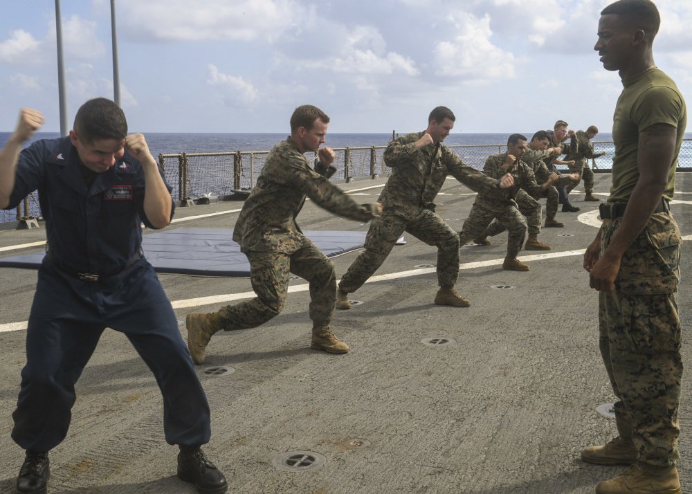 USPACOM's tweet photo. @USPacificFleet #Sailors and @PacificMarines participate in Marine Corps Martial Arts Program #MCMAP onboard USS Germantown #LSD42. #ForgedByTheSea #SemperFi #Lethality #CTF76 #AmphibiousSquadron11 #FreeandOpenIndoPacific https://t.co/VZQSpeeAwB