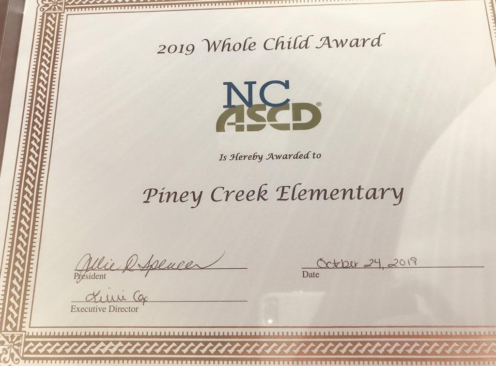 Today, Piney Creek School was honored to earn the 2019 NCASCD Whole Child Award for their efforts to ensure that every child is healthy, safe, supported, engaged, and challenged. <a href="/ncascd/">NCASCD</a> <a href="/ChadBeasley15/">Chad Beasley</a> <a href="/MrStevenHall/">Mr Steven Hall</a>
