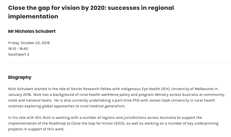 IEHU_UniMelb's tweet photo. IEH staff member Nick Schubert is presenting at #RMA19 today on successes in regional implementation of the Roadmap to Close the Gap for Vision. Head along to Southport 3 at 4:10pm to check it out. @ACRRM #CloseTheGapForVision https://t.co/LFFRqedOEt