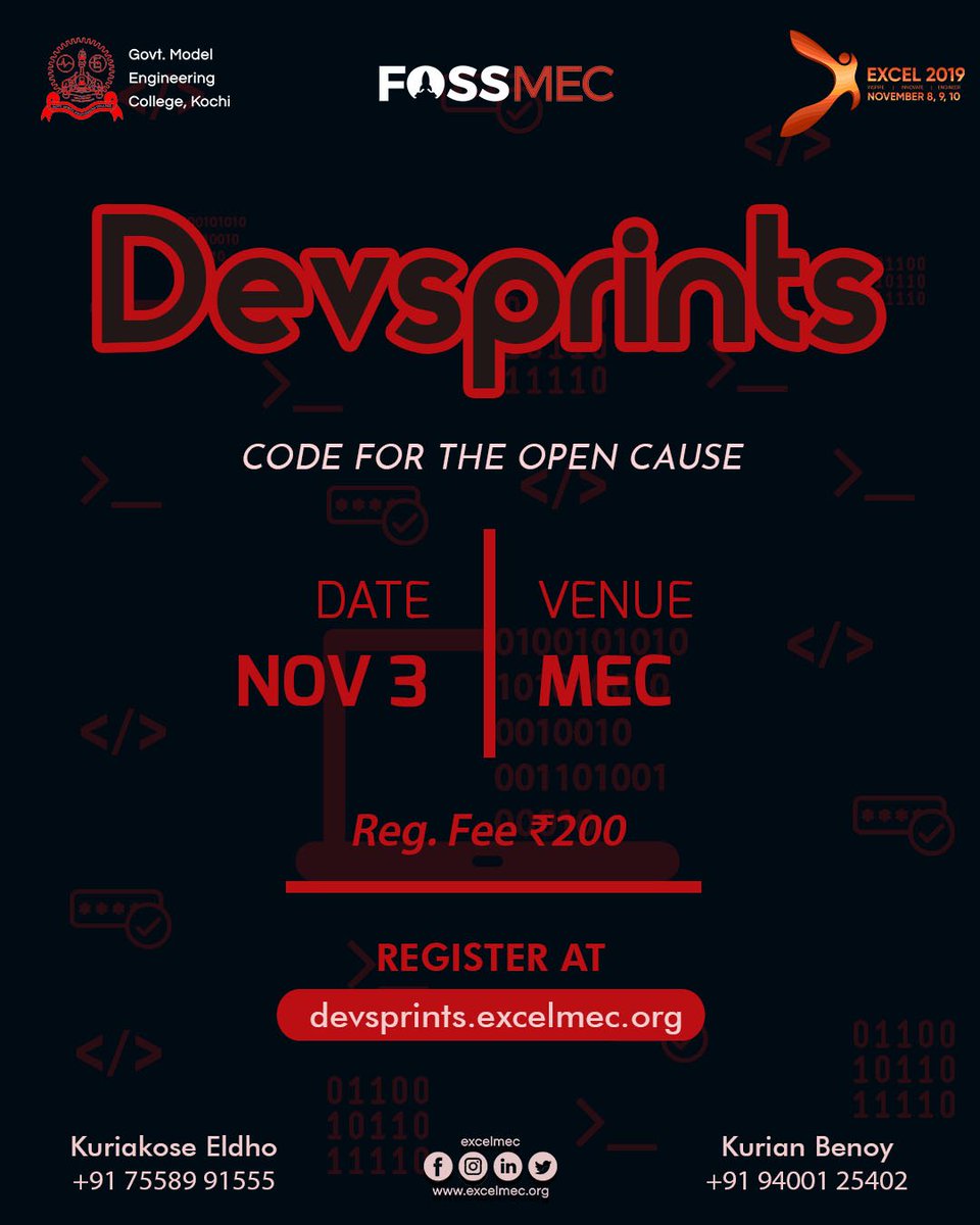 FossMec's tweet photo. For all the #software lovers wishing to contribute to #opensource, #FOSSMEC in association with @excelmec presents #DevSprints a one-day coding sprint where you can contribute to open source with guidance from mentors.
Join us on 3rd November at MEC and take a step forward! https://t.co/9oc3AGuias