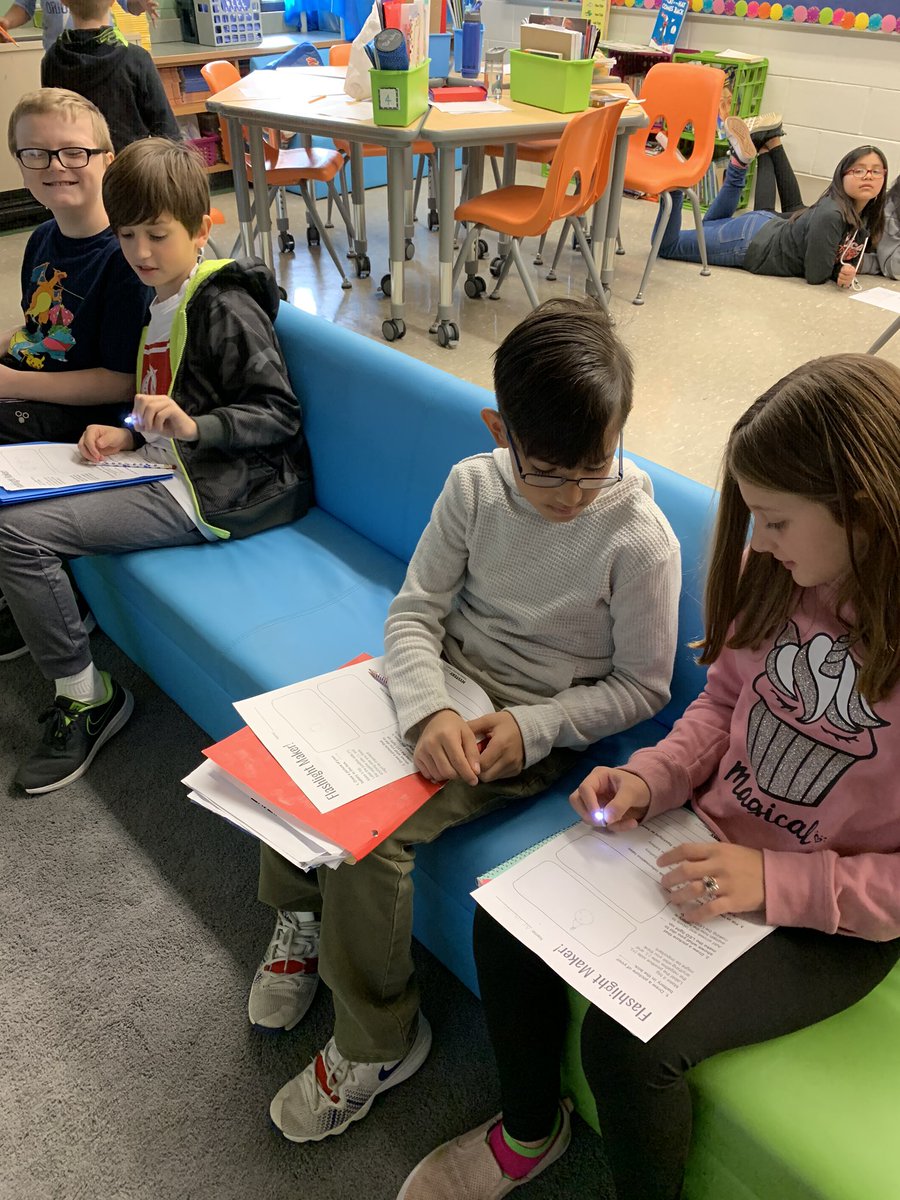 Ss investigate how electrical energy requires a circuit and make their own mini flashlights from LEDs, button batteries and stripes of aluminum foil.  Way to light up our day!