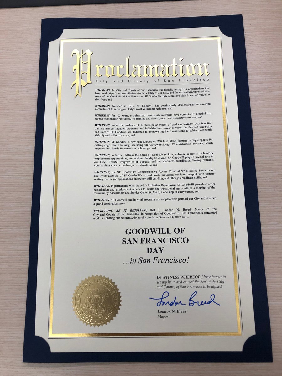 sfbaygoodwill's tweet photo. Thank you, Mayor Breed, for your support of our mission to create second chances through training and the dignity of work. We are grateful for your proclamation declaring today Goodwill of San Francisco Day! #SFGWSecondChances #DignityofWork #sfjobs #GoodwillDay https://t.co/UdmL2Kv1t7